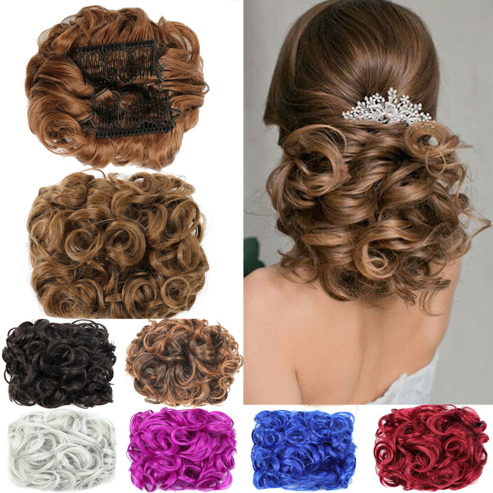 Unisex Brown Light Messy Hair Bun Extension With Comb, Heat Resistant Synthetic Hairpiece For Instant Elegant Updo