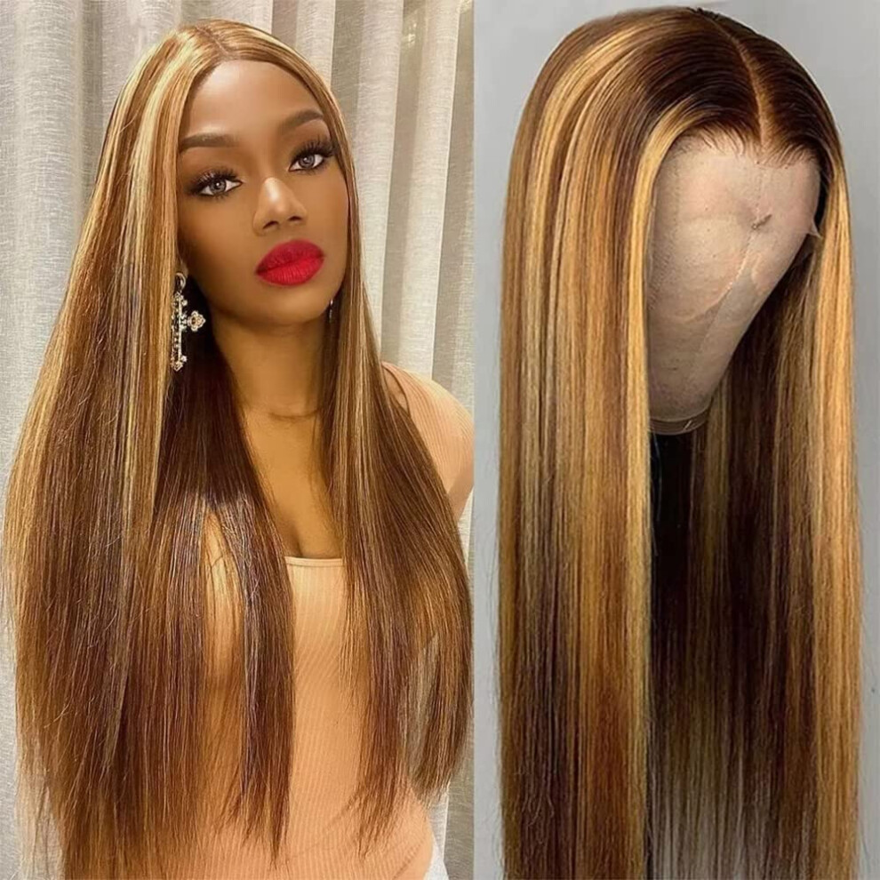 Unisex Honey Blonde Ombre Lace Front Wig Human Hair 13X6 Hd Transparent Natural Hairline 180% Density Straight 24Inch