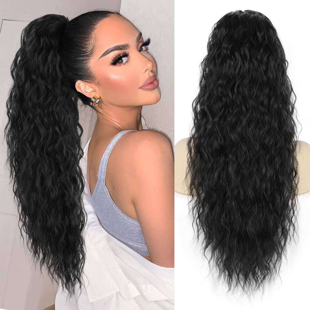 Unisex Black 26 Inch Long Curly Ponytail Extension With Quick Drawstring Attachment, Synthetic Hairpiece