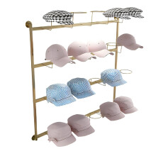 4Tier Wall Mounted Hat Rack with Hooks, Adjustable Metal Organizer for Caps and Cowboy Hats, Gold