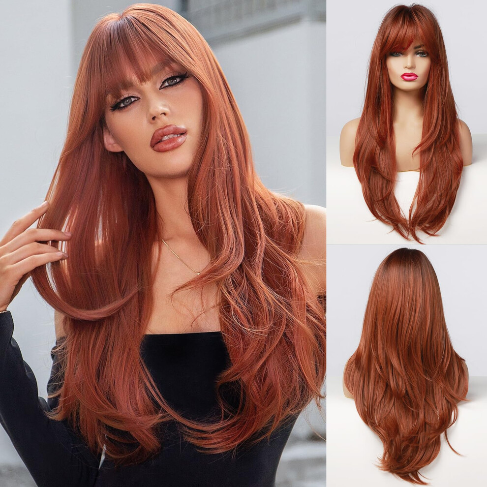 Synthetic Auburn Long Straight Wig with Bangs for Women, Heat Resistant Natural Look, Copper Red Hair