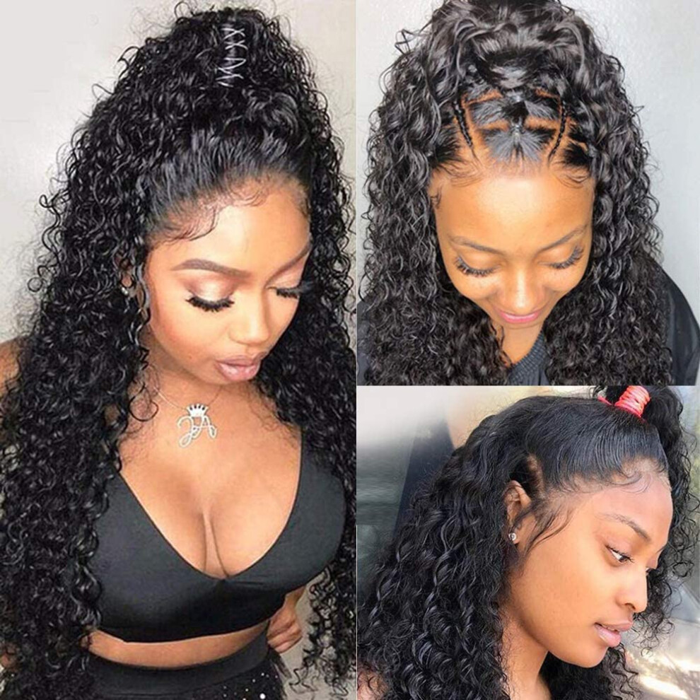 Unisex Black 24 Inch Curly Lace Front Wig Human Hair Glueless Brazilian 4X4 Lace Closure Pre Plucked Baby Hair Natural Hairline For Women