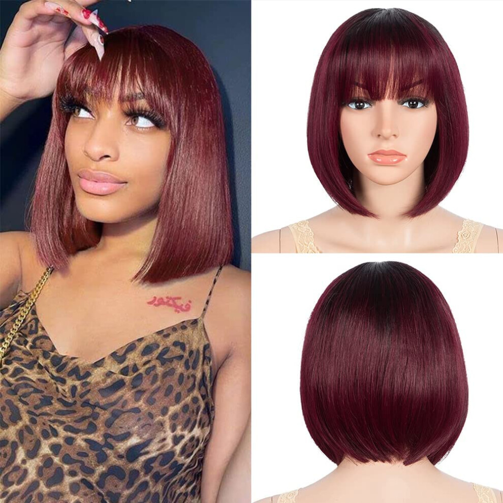 Unisex Black,Red 8 Inch Red Ombre Human Hair Bob Wig With Bangs For Black Women, Tt1b/99J Straight Style
