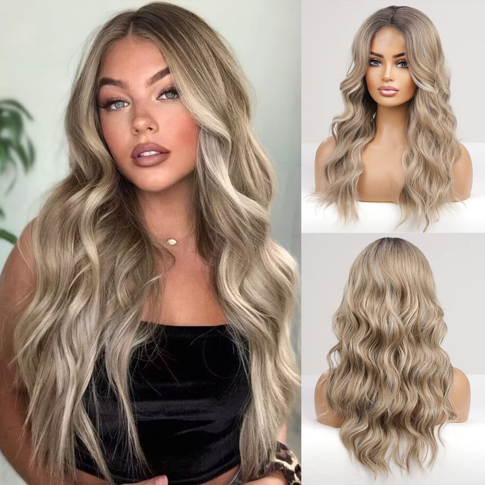 Unisex Long Ombre Ash Blonde Lace Front Wig For Women Natural Wavy Middle Part Heatreshapeable Synthetic Fiber
