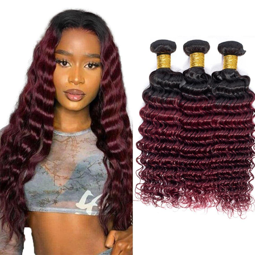 Unisex Red Brazilian Deep Wave Human Hair Bundles Ombre Burgundy Remy 1B99j 12 14 16 Inch Double Weft