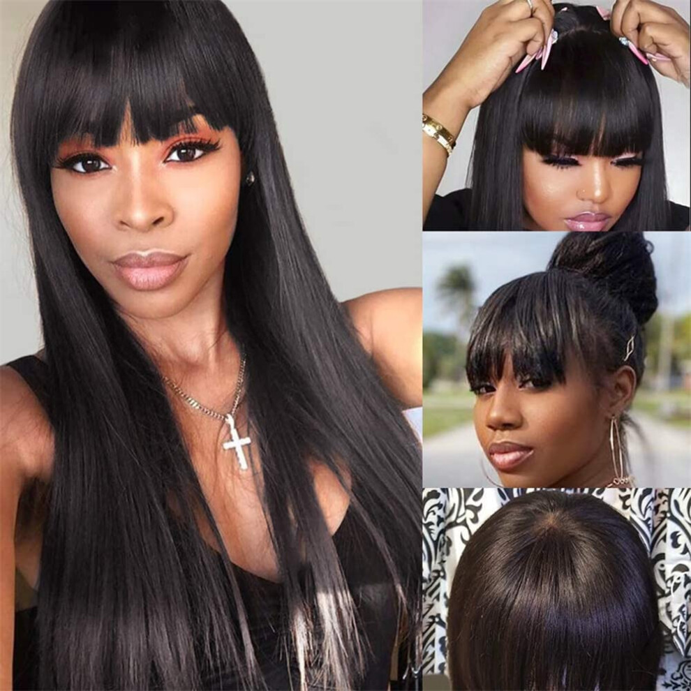 Unisex Black 20 Inch Brazilian Virgin Human Hair Wig, Glueless Straight Wig With Bangs For Women