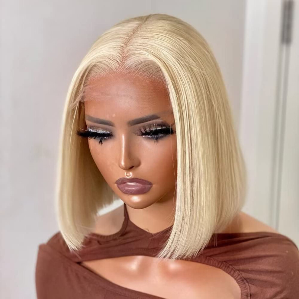 Unisex 613 Blonde Bob Lace Front Wig Human Hair Short Straight Hd Transparent Natural Hairline 10Inch