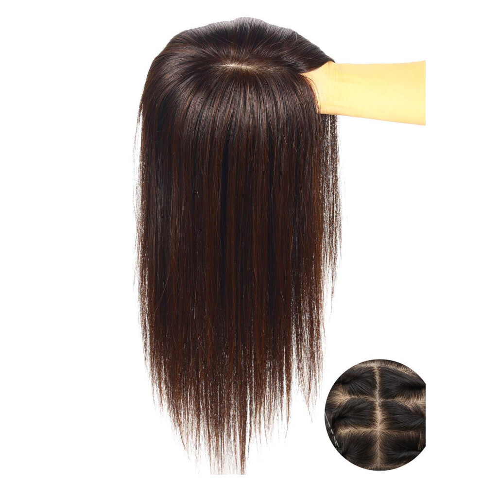 Unisex Brown 16 Inch Dark Silk Base Human Hair Topper With Clips For Women Thinning Hair