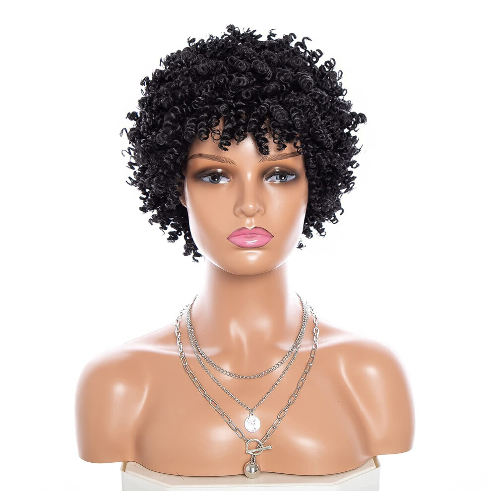 Unisex Black Short Curly Wig For Women 8 Inch Afro Kinky Curly Wig With Bangs Natural HeatâResistant Synthetic Hair