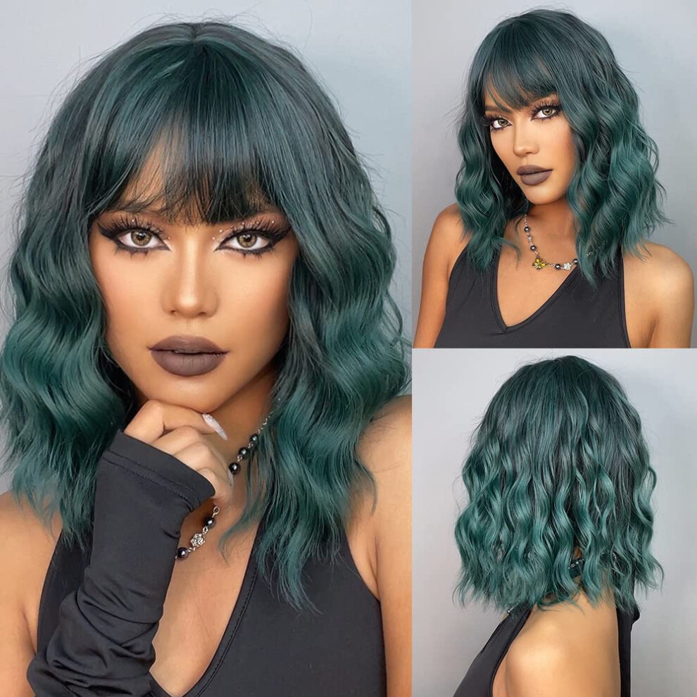 Unisex Green Short Curly Bob Wig With Bangs Wave For Women Heat Resistant Synthetic Hair