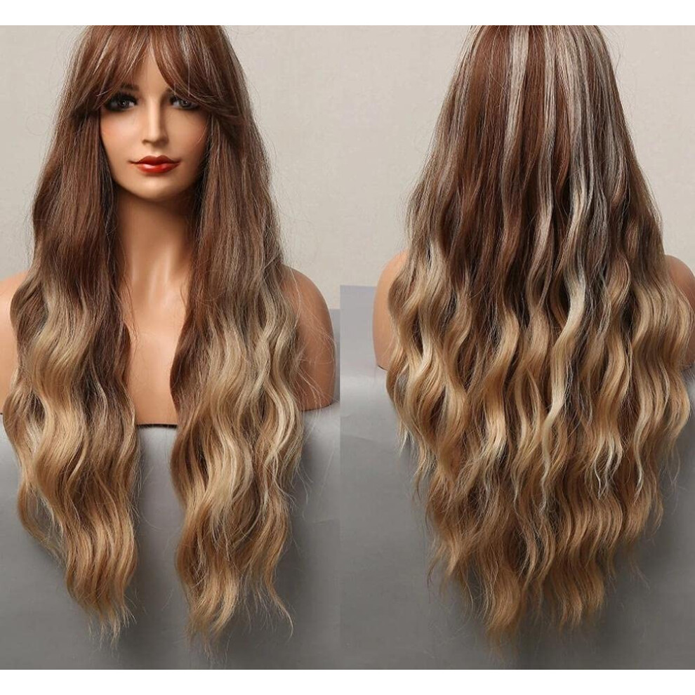 Unisex Brown Headband Wig Long Wavy Synthetic Glueless No Glue Natural Hairline Ombre Honey Blonde 24'