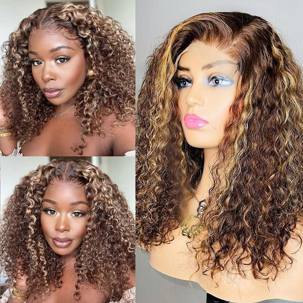 Unisex Curly Lace Front Bob Wig Human Hair Glueless Preplucked Ombre Honey Blonde 13X4 12Inch