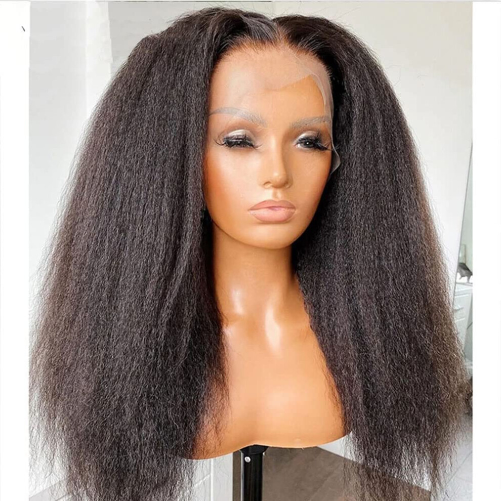 Unisex 26 Inch Kinky Straight Human Hair Wig 13X6 Lace Front Glueless Pre Plucked Hairline 180% Density