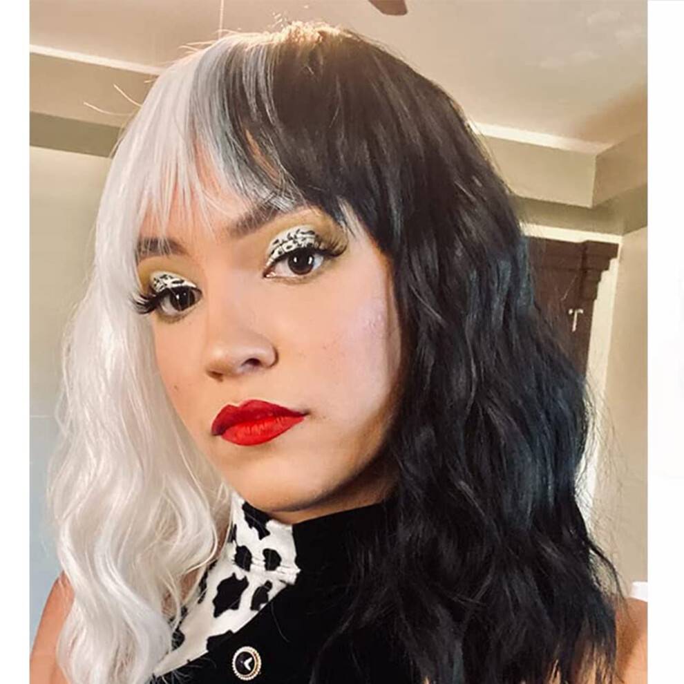 Unisex White,Black Black And White Bob Wig With Bangs Two Tone Wave Style Synthetic Cosplay Hair