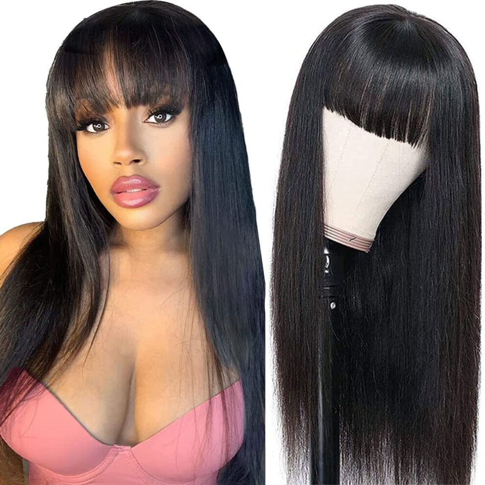 Glueless Brazilian Straight Human Hair Wig with Bangs 14 Inch 150 Density Virgin Hair None Lace Front for Black Women