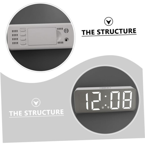 LED Digital Alarm Clock with Mirror Surface, Calendar, Temperature Display, Desktop & Wall Mount, White Silver 2