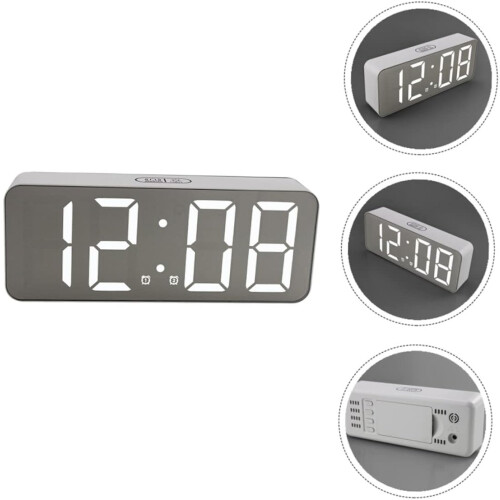 LED Digital Alarm Clock with Mirror Surface, Calendar, Temperature Display, Desktop & Wall Mount, White Silver 1
