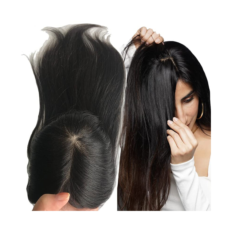 Unisex Brown 16 Inch Virgin Human Hair Topper Silk Base Clip In Darkest 5X5 For Instant Volume Boost