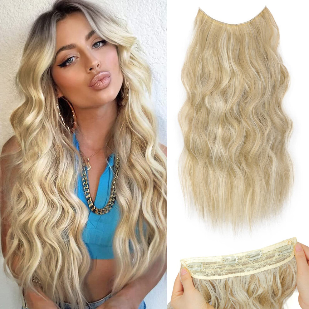 Blonde Invisible Wire Hair Extensions 20 Inches Curly Wavy Synthetic Hairpiece with Adjustable Clips for Women
