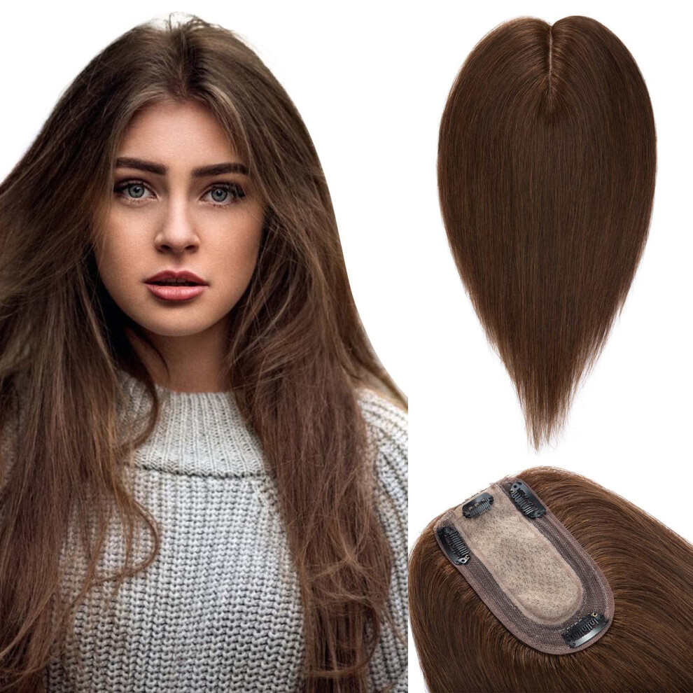 Unisex Brown Silk Base Remy Human Hair Topper For Women With Bangs, 150% Density Clip In Wiglet For Thinning Hair, Chocolate
