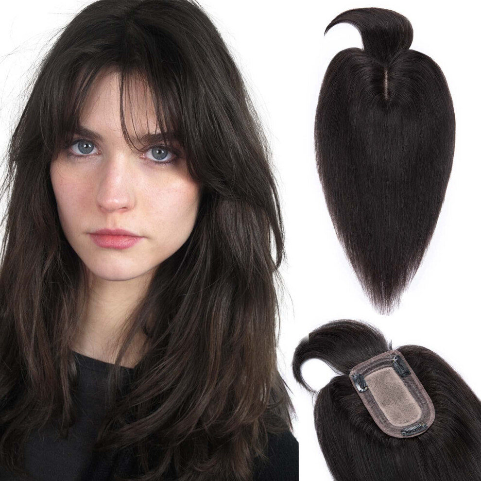 Unisex Black Silk Base Human Hair Topper With Bangs 150% Density Clip In Remy Hair For Thinning Hair Natural 12 Inch