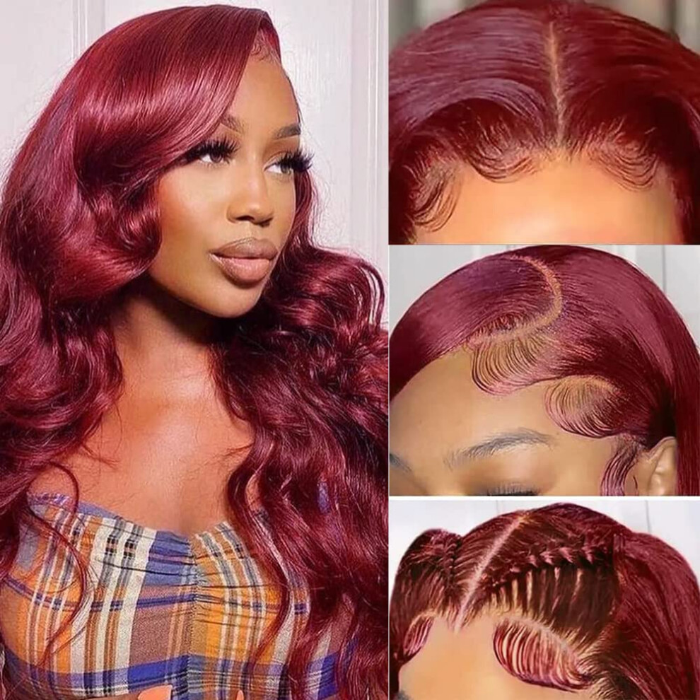 13x6 Lace Front Human Hair Wig 26 Inch Body Wave 99J Burgundy PrePlucked HD Lace Glueless 180 Density