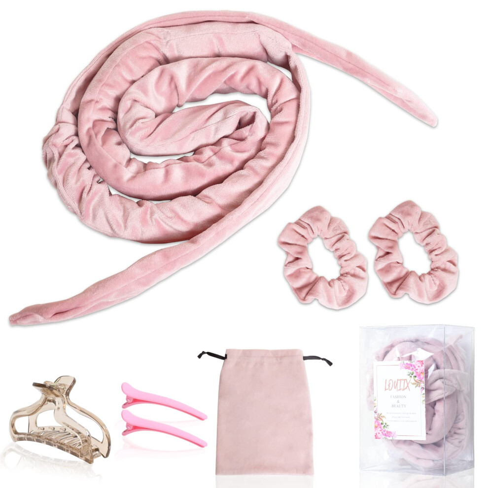 Heatless Hair Curler Headband for Overnight Natural Curls, Soft Velour 63Inch Ribbon Pink