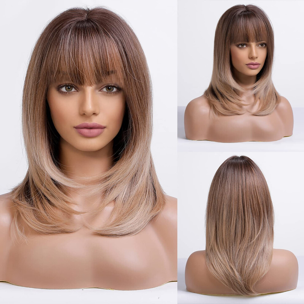 Unisex Brown Ombre Synthetic Wig With Bangs 18 Inch Straight Heat Resistant Fiber For Women