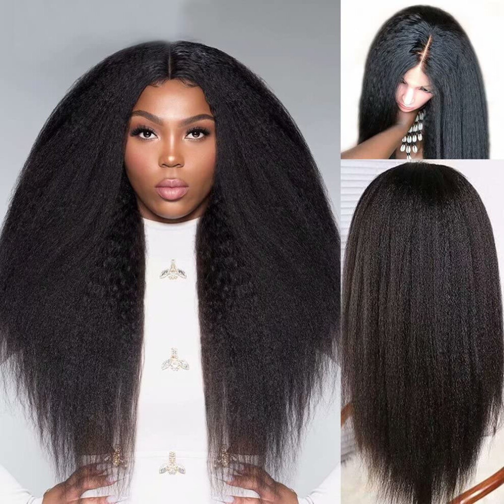 Unisex Brazilian Virgin Human Hair Lace Front Wig 24 Inch Kinky Straight Yaki Hd Transparent Pre Plucked