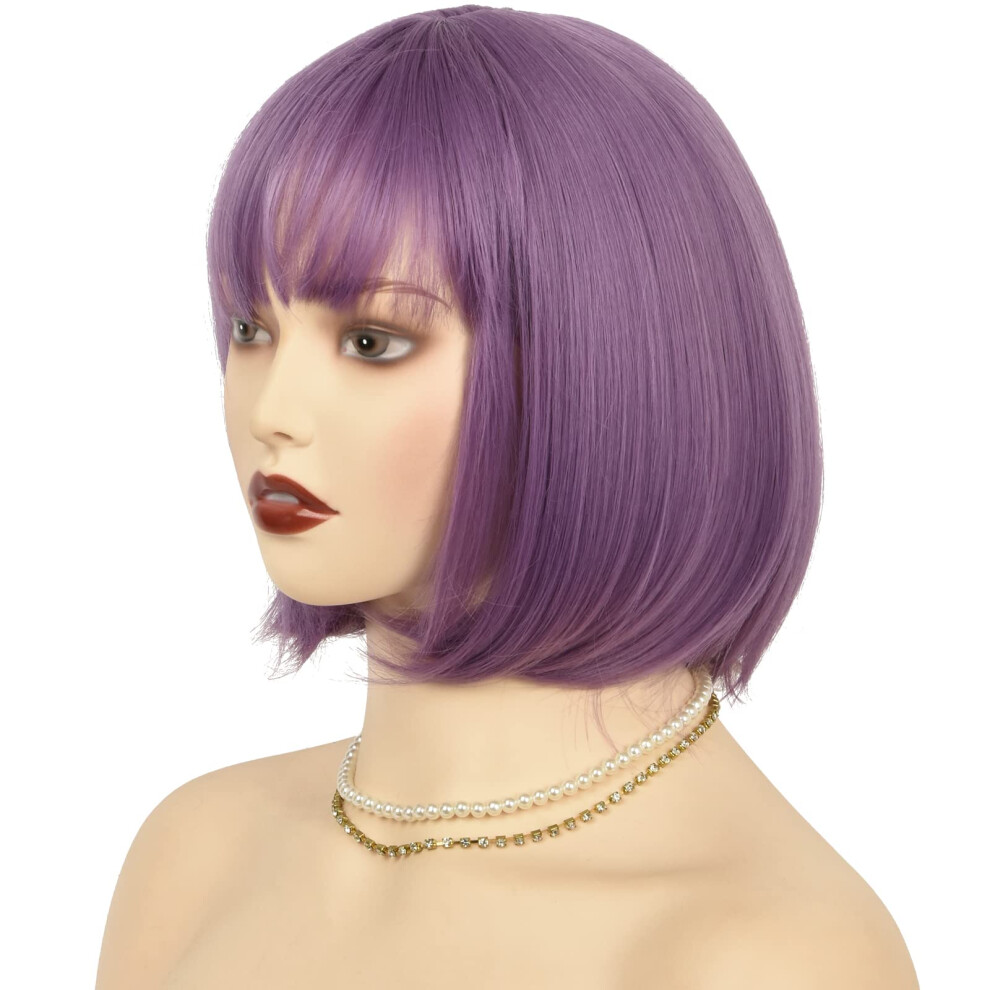 Unisex Purple Short Bob Wig With Bangs, Heat Resistant Synthetic Fiber, Natural Look, Adjustable Fit
