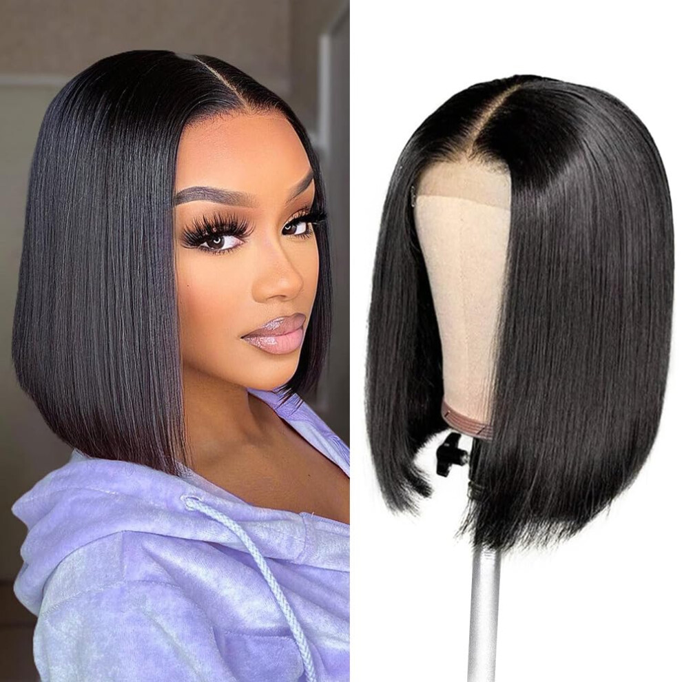 Unisex Black 8 Inch Human Hair Bob Wig 4X4 Lace Closure Pre Plucked Brazilian Virgin Hair 180% Density Natural Hairline For Women