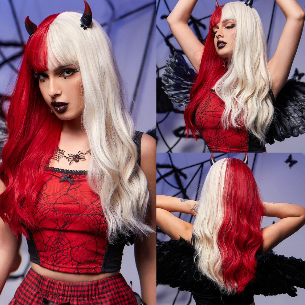 Unisex Long Curly Wig With Bangs 24 Inch Heat Resistant Synthetic Wigs For Women Cosplay Natural Wave