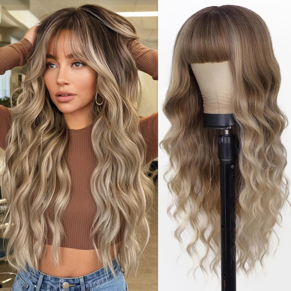 Unisex Dark Blonde Wavy Wig Ombre With Bangs Long Synthetic Heat Resistant Roots For Women