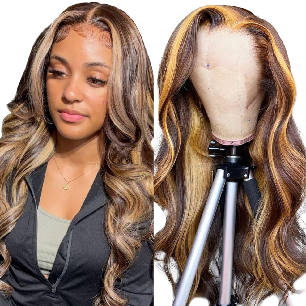 Unisex 26 Inch Honey Blonde Ombre Human Hair Wig 13X4 Hd Lace Front Pre Plucked Brazilian Virgin Body Wave Natural Hairline