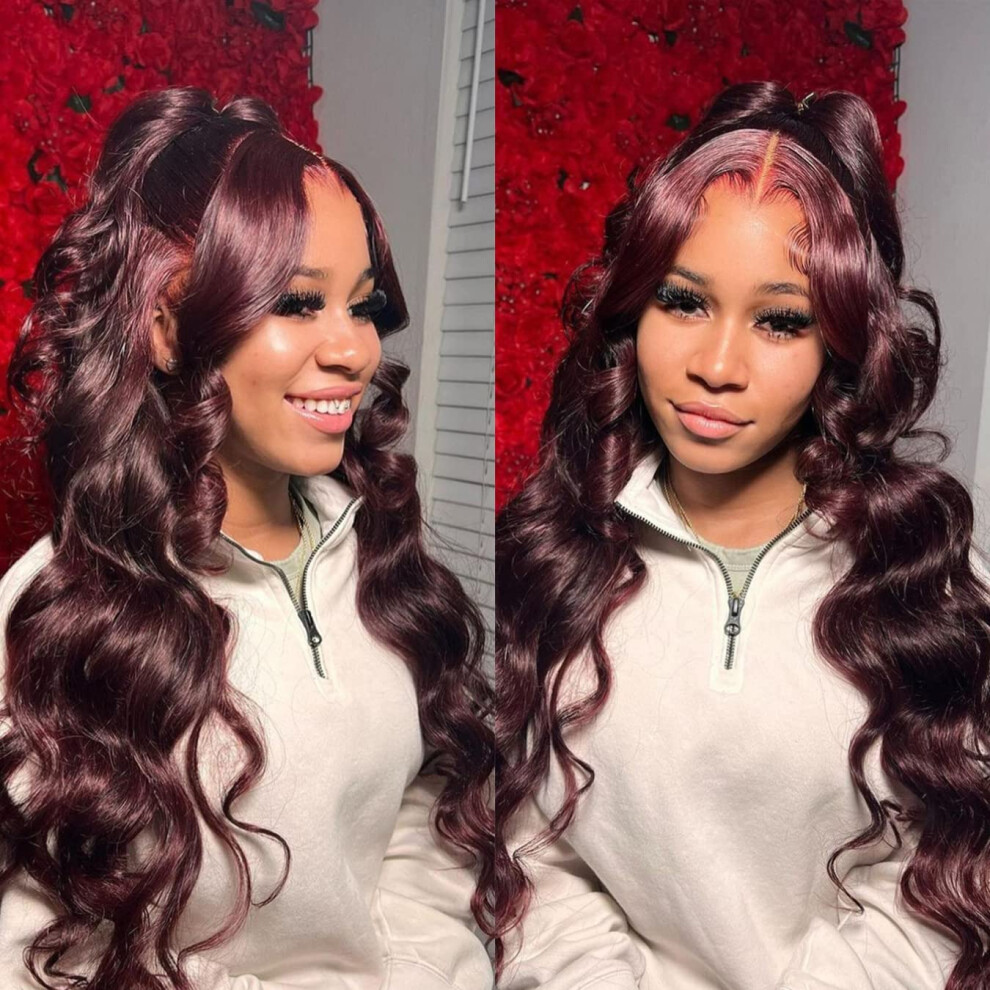 Unisex Red 99J Burgundy Lace Front Wig Human Hair 13X4 Body Wave Pre Plucked Hd Lace 34 Inch Natural Hairline