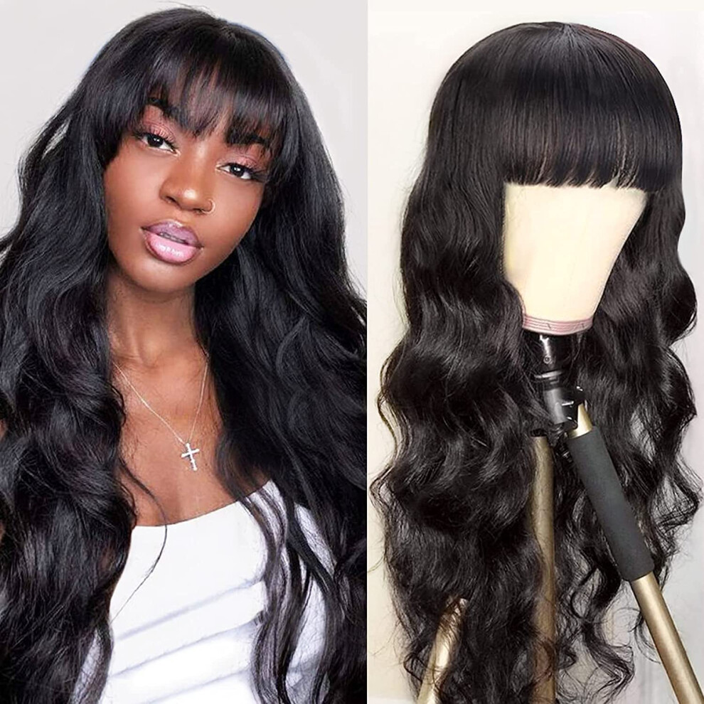 26 Inch Virgin Brazilian Body Wave Human Hair Wig with Bangs, Glueless None Lace Front Wig for Black Women