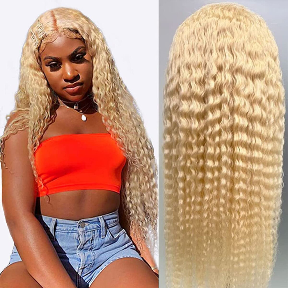 Unisex 26 Inch 613 Curly Wave Human Hair Wig With 4X4 Blonde Lace Closure And Natural Texture