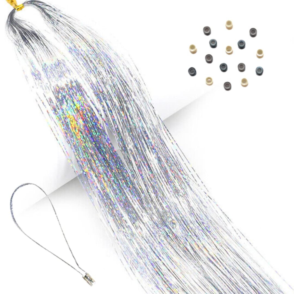 Silver Hair Tinsel Kit 300 Strands Fairy Hair Extensions with Beads Tool Heat Resistant