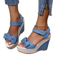 Women's Platform Wedge Sandals Open Toe Bow Tie Espadrille Beach Shoes Summer Blue 7