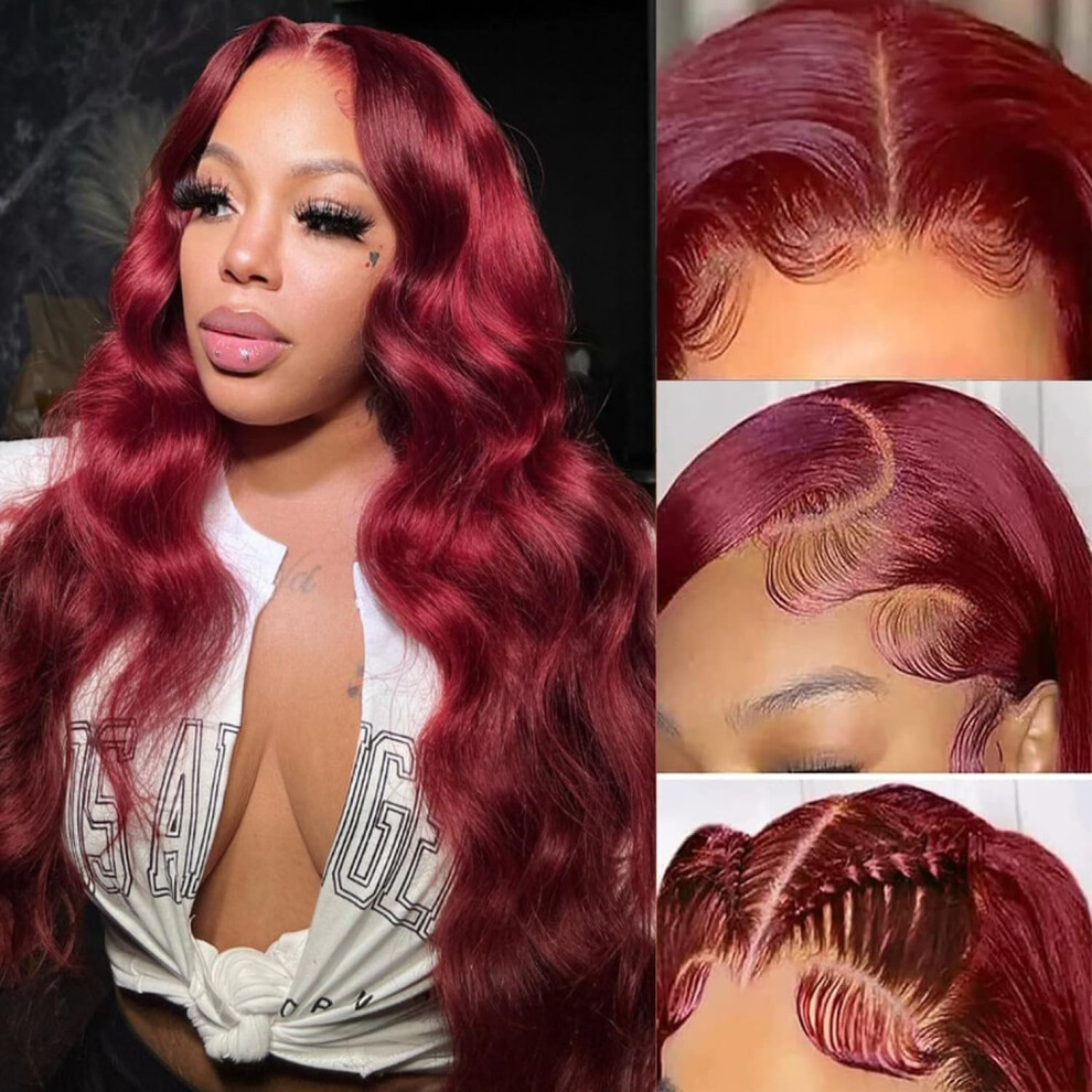 Unisex Black,Red 13X6 Burgundy Lace Front Wig Human Hair 99J Body Wave For Black Women Pre Plucked Glueless 24In