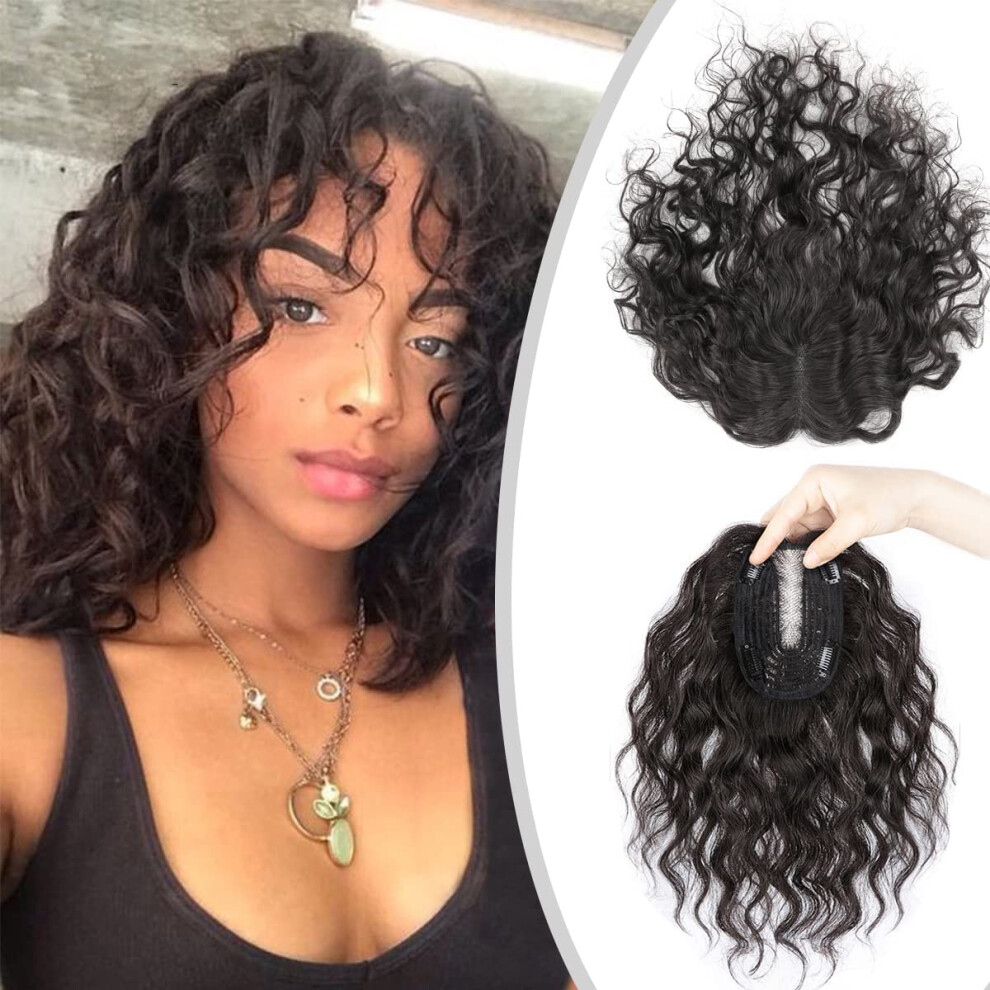 Unisex Black Human Hair Topper For Thinning Hair, Curly Remy Clip In Hairpiece With Invisible Lace Base, 12' Natural
