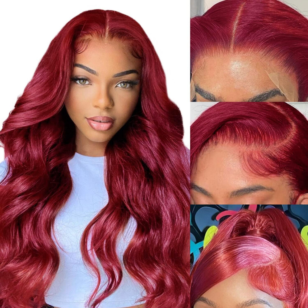 99J Burgundy Body Wave HD Lace Front Wig Human Hair, 20 Inch Pre Plucked Brazilian Virgin Glueless Full Density Natural Hairline