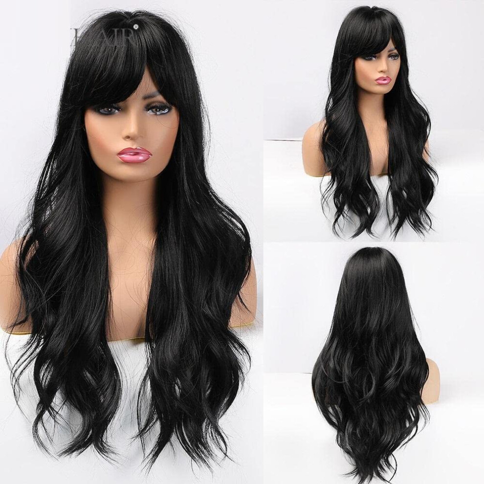 Unisex Black Headband Wig No Glue Long Synthetic Wig With Bangs Natural Hairline Beginner Friendly 28In