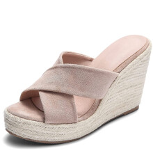 Women's Espadrille Wedge Sandals with Platform Heel, Peep Toe SlipOn Beach Shoes Beige 9.510