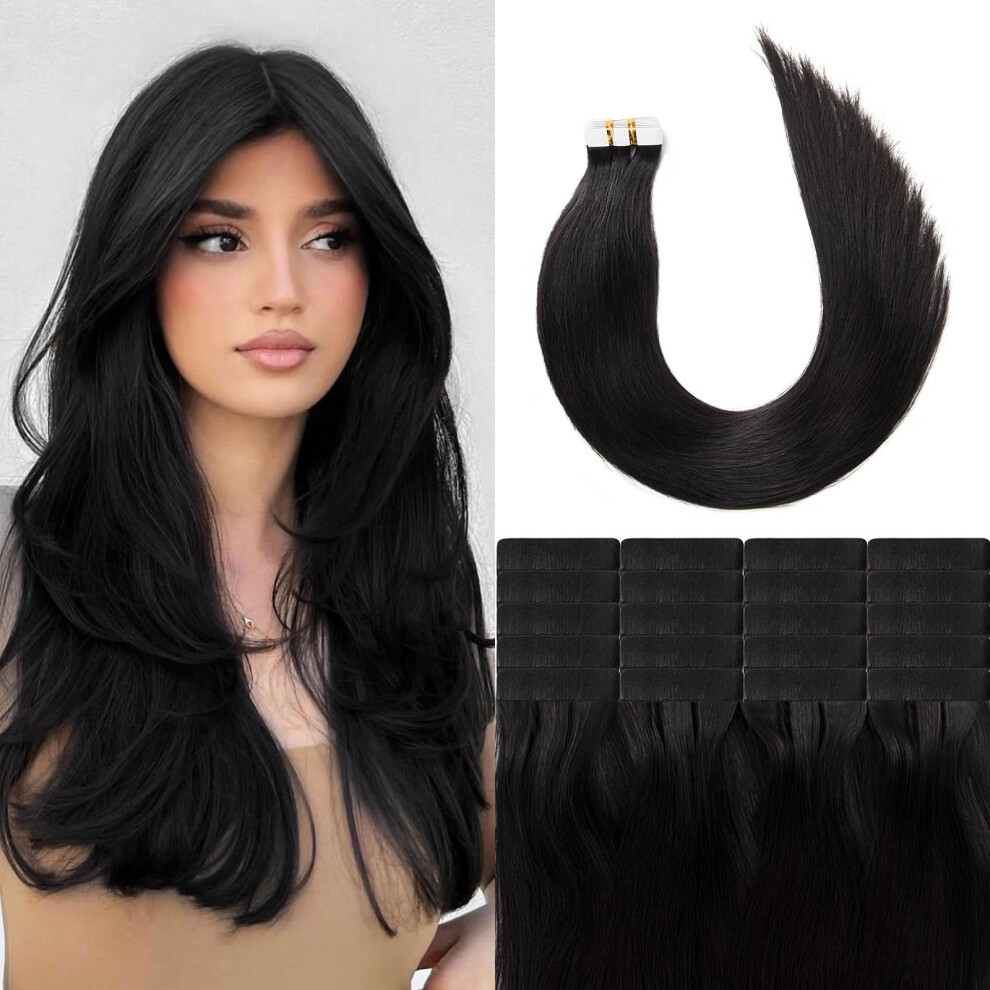 Unisex Black Tape In Hair Extensions Human Hair 16 Inch Natural Seamless Invisible Tape For Instant Volume