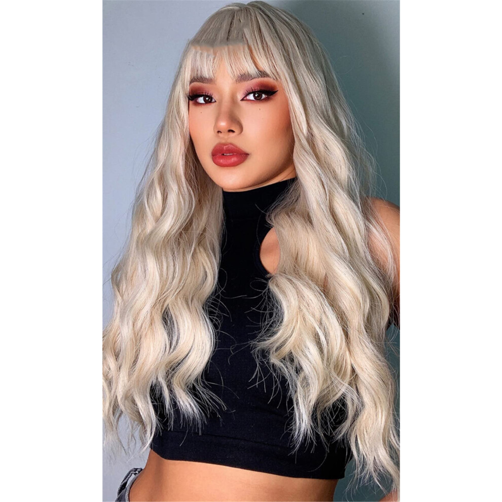 Ash Blonde Wavy Wig with Bangs for Women Cosplay Party, Natural Silky Heat Resistant Synthetic Hair