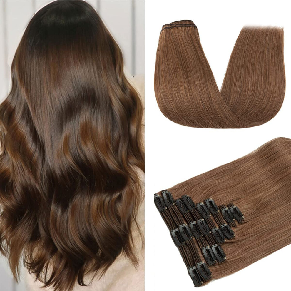 Unisex Brown 22 Inch Medium Clip In Human Hair Extensions Brazilian Virgin Remy Double Weft Full Head Straight