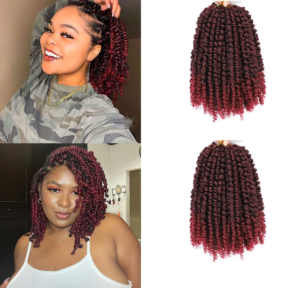 Unisex Black,Red 8 Inch Ombre Red Burgundy Passion Twist Crochet Hair For Black Women, Prelooped Pretwisted Curly Style 7 Packs