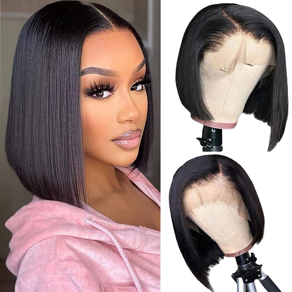 Unisex Black Bob Lace Front Wig Human Hair 13X4 Lace Frontal Glueless Pre Plucked 150% Density For Women 10 Inch