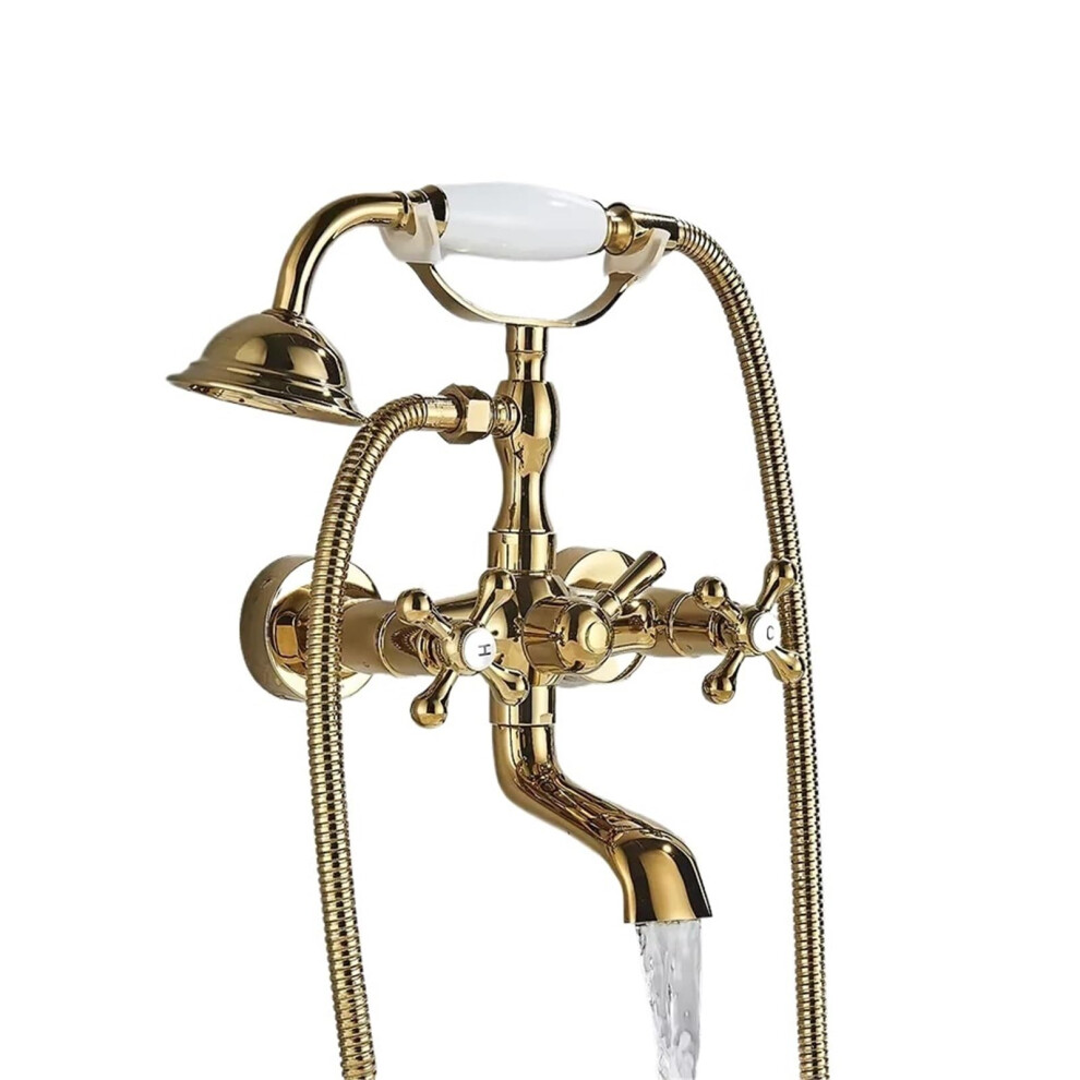 Gold Brass Clawfoot Tub Faucet Wall Mount Bathtub Filler With Handheld Shower Ref: 3796 9044945291186
